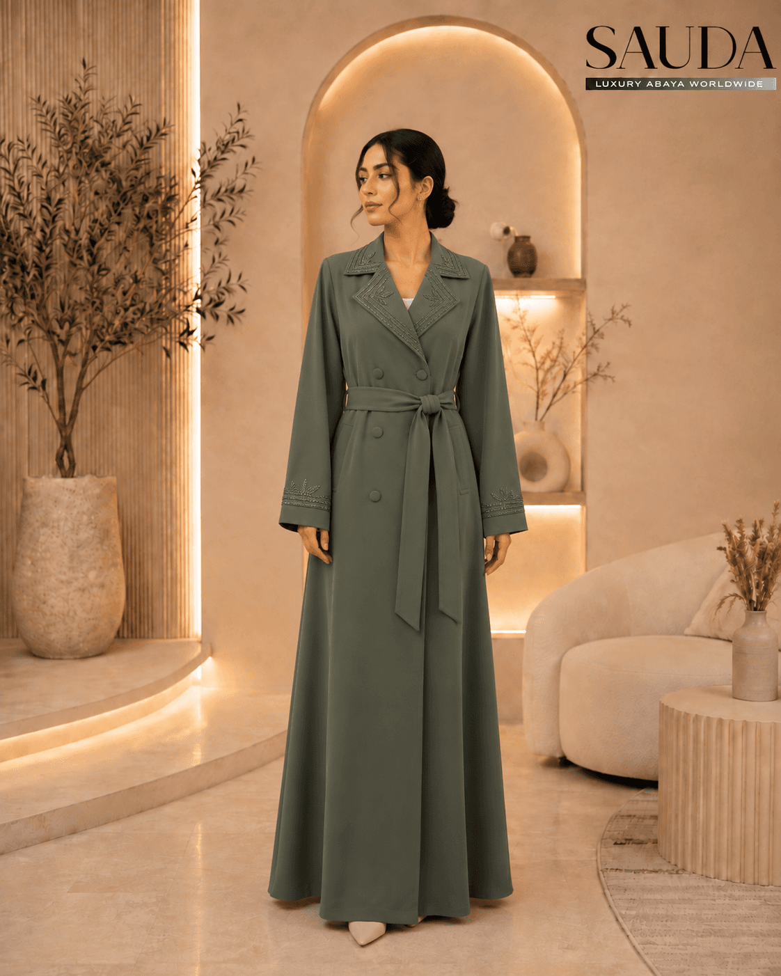 Sage Elegance Embroidered Belted Abaya - Luxury Abaya Couture