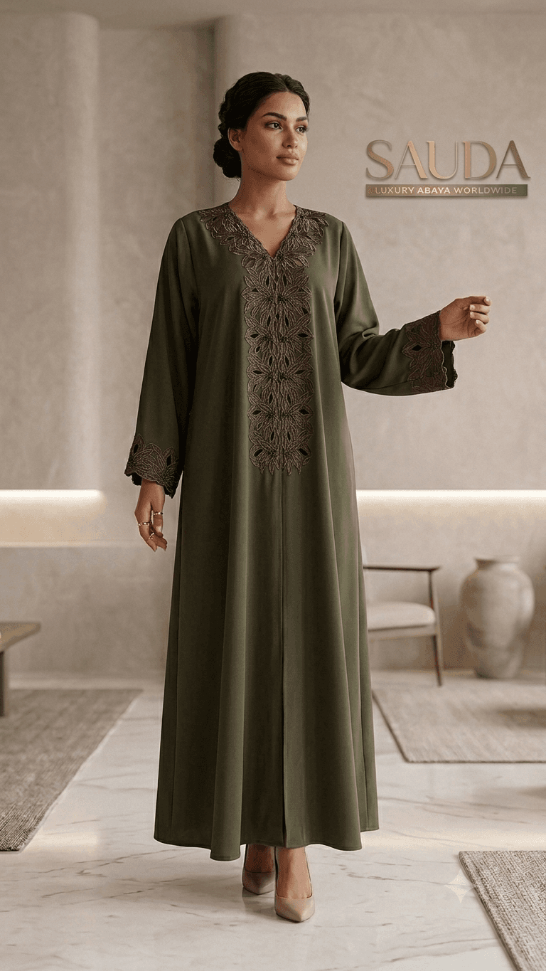 Sauda Olive Green Embroidered Premium Abaya - Luxury Abaya Couture