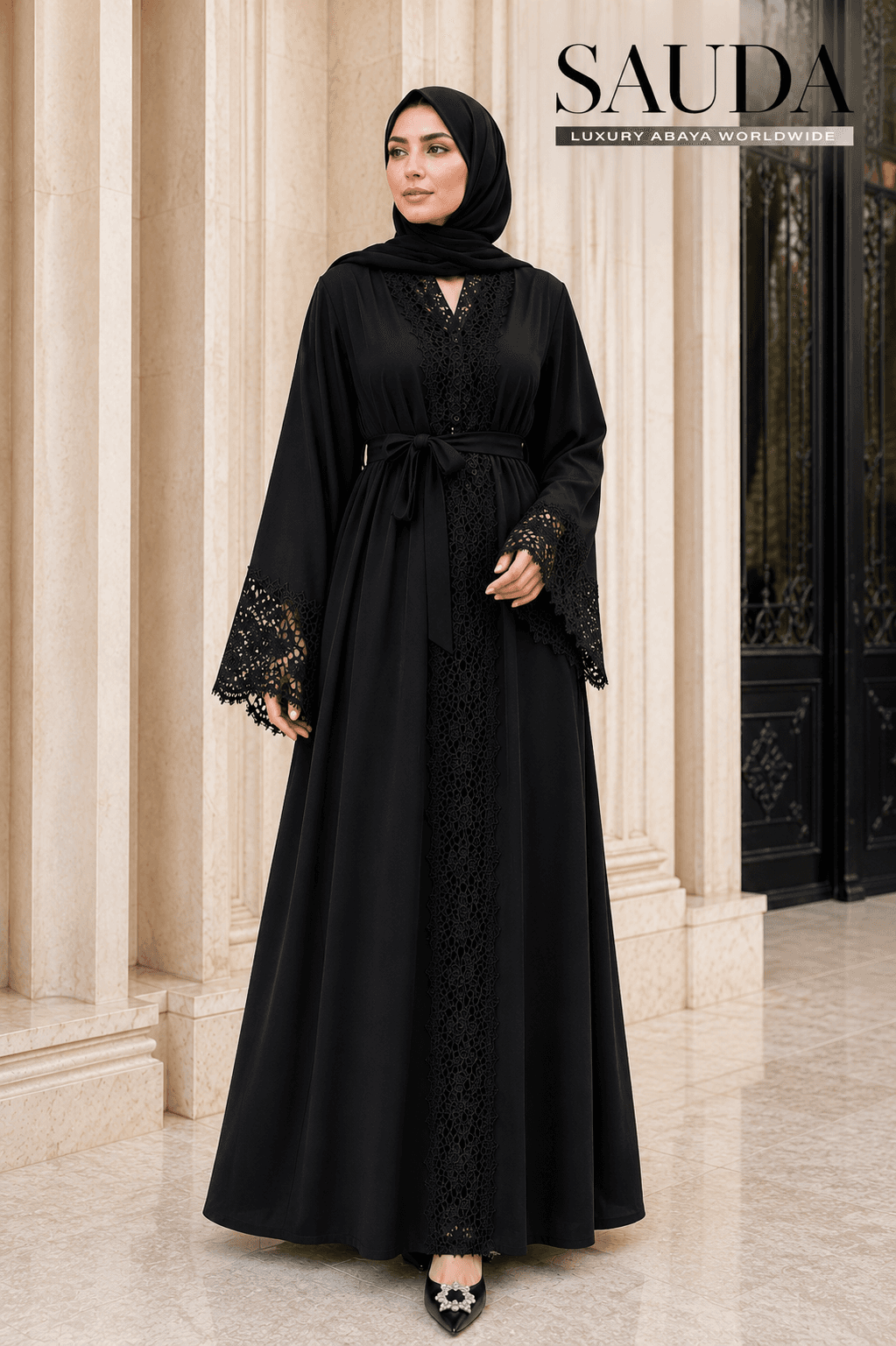 Elegant Black Lace Belted Luxury Abaya - Luxury Abaya Couture