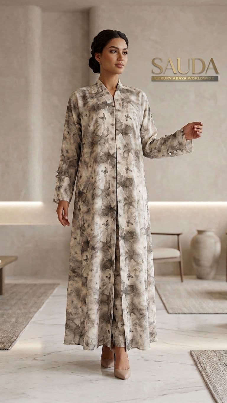 Sauda Elegant Watercolor Butterfly Print Luxury Abaya - Luxury Abaya Couture